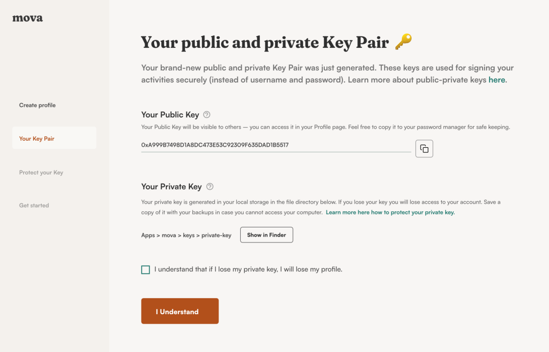 Screengrab of mova app, public/private key screen.